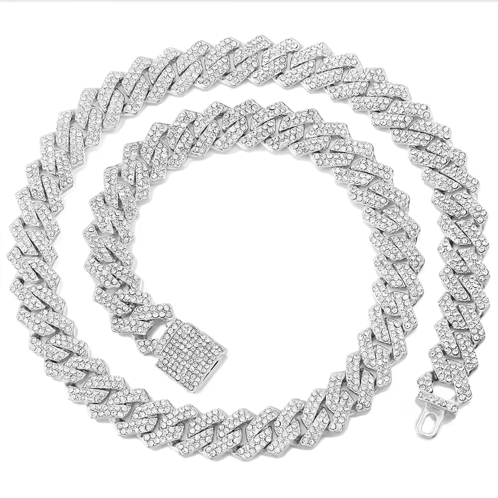 Hip Hop 14MM Prong Cuban Link Chain Necklace Men Women Iced Out Rhinestone Paved Rhombus Cuban Chain Necklaces Bracelet Jewelry