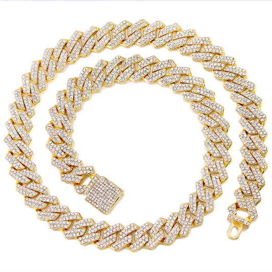 Hip Hop 14MM Prong Cuban Link Chain Necklace Men Women Iced Out Rhinestone Paved Rhombus Cuban Chain Necklaces Bracelet Jewelry