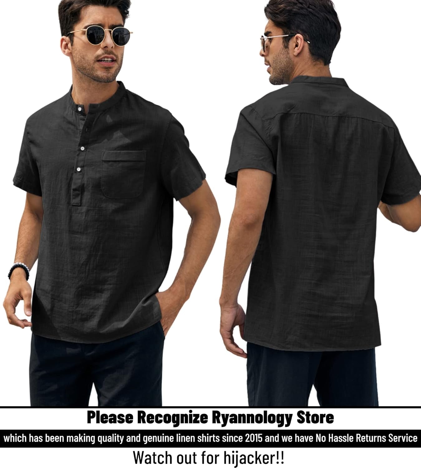 Men'S Linen Henley Shirt Short Sleeve Casual Summer Beach Plain Button Up, Black, X-Large