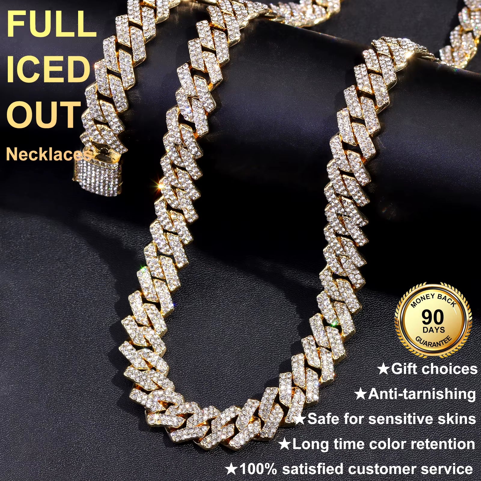 Hip Hop 14MM Prong Cuban Link Chain Necklace Men Women Iced Out Rhinestone Paved Rhombus Cuban Chain Necklaces Bracelet Jewelry