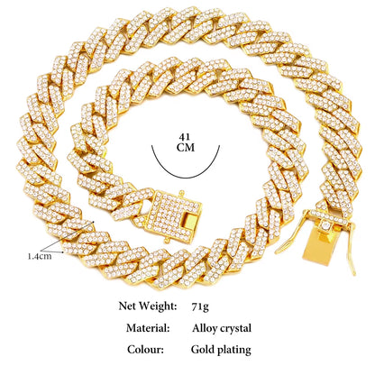 Hip Hop 14MM Prong Cuban Link Chain Necklace Men Women Iced Out Rhinestone Paved Rhombus Cuban Chain Necklaces Bracelet Jewelry