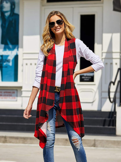 Womens Plaid Open Front Sweaters Sleeveless Duster Cardigans Drape Lightweight Vest Coat with Pockets