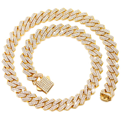 Hip Hop 14MM Prong Cuban Link Chain Necklace Men Women Iced Out Rhinestone Paved Rhombus Cuban Chain Necklaces Bracelet Jewelry