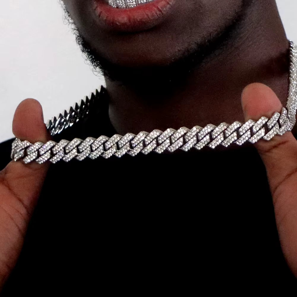 Hip Hop 14MM Prong Cuban Link Chain Necklace Men Women Iced Out Rhinestone Paved Rhombus Cuban Chain Necklaces Bracelet Jewelry