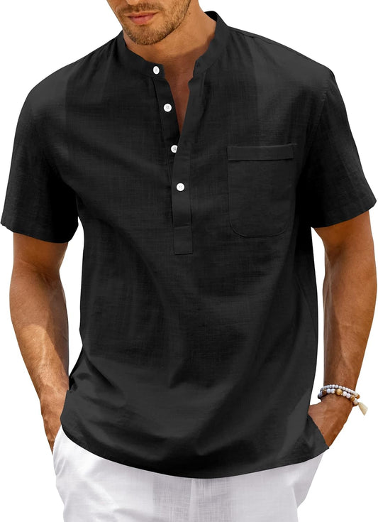 Men'S Linen Henley Shirt Short Sleeve Casual Summer Beach Plain Button Up, Black, X-Large