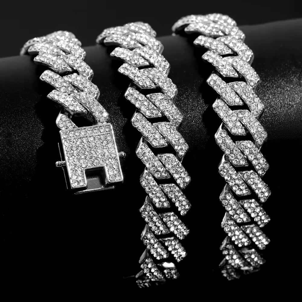 Hip Hop 14MM Prong Cuban Link Chain Necklace Men Women Iced Out Rhinestone Paved Rhombus Cuban Chain Necklaces Bracelet Jewelry