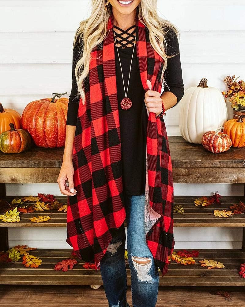 Womens Plaid Open Front Sweaters Sleeveless Duster Cardigans Drape Lightweight Vest Coat with Pockets