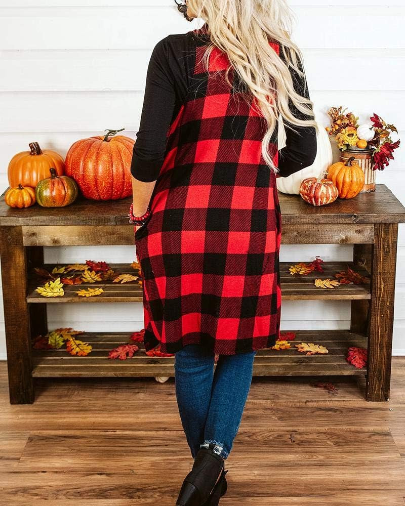 Womens Plaid Open Front Sweaters Sleeveless Duster Cardigans Drape Lightweight Vest Coat with Pockets